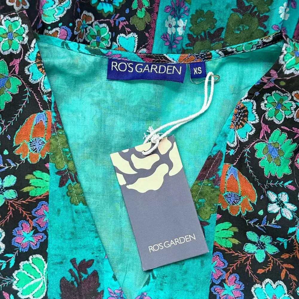 NWT Ro's Garden Jerez Long Sleeve Floral Mini Boho Dress Yeshi Aqua Teal XS - Picture 5 of 5